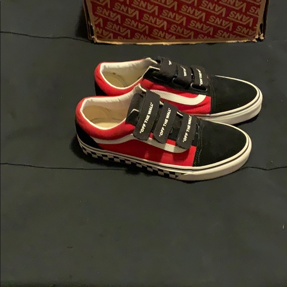 red black and white velcro vans